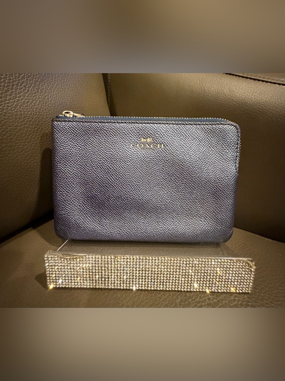 Coach Metallic Navy Pebbled Leather Wristlet